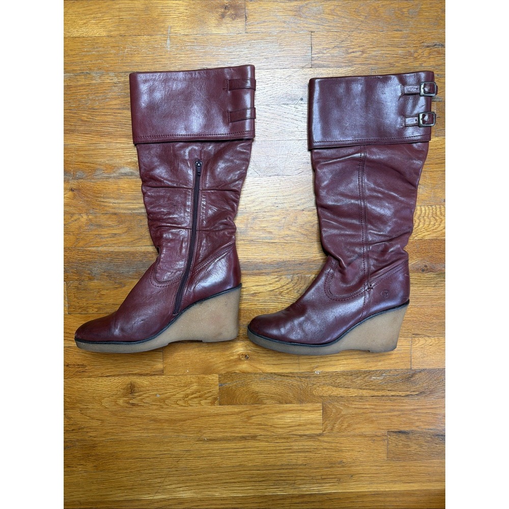 Bronx Burgundy Wedge Boots Sz 10 Leather Double Buckle Gum Sole Cuffed Zipper